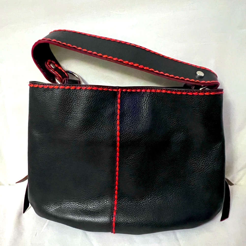 Plinto Visona Italian Leather Satchel Hobo Goth Punk Biker Halloween Black Red